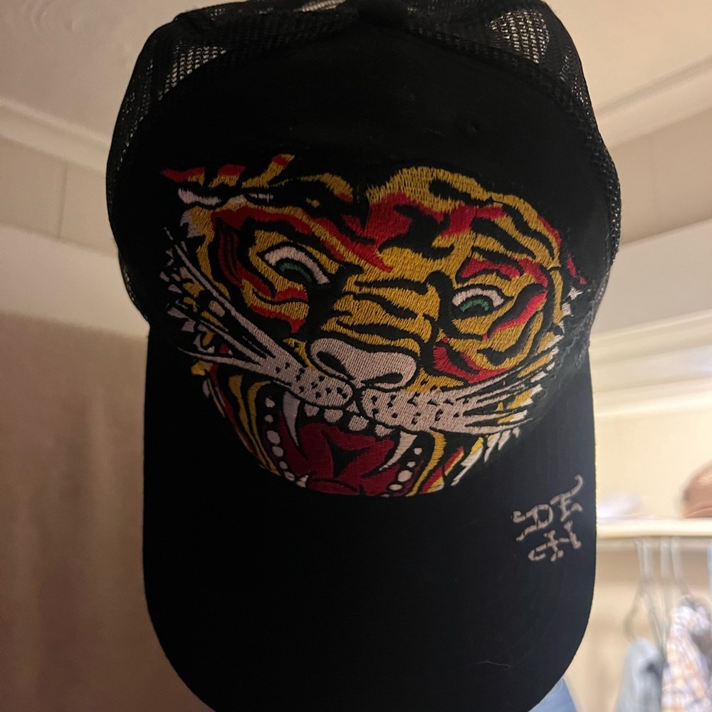 Ed Hardy Black Trucker Hat with Tiger Logo
